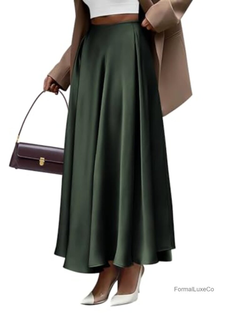Satin Maxi Skirt High Waisted A-Line Pleated Flowy